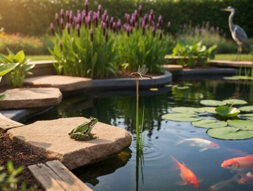 Backyard habitat pond at golden hour with terraced shallow ledges, pickerelweed and arrowhead, a frog basking on a rock, a dragonfly perched on a reed, goldfish under lily pads, and a softly blurred heron wading in the background.