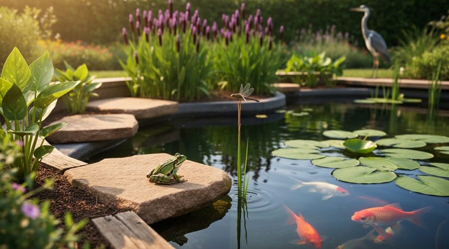Backyard habitat pond at golden hour with terraced shallow ledges, pickerelweed and arrowhead, a frog basking on a rock, a dragonfly perched on a reed, goldfish under lily pads, and a softly blurred heron wading in the background.