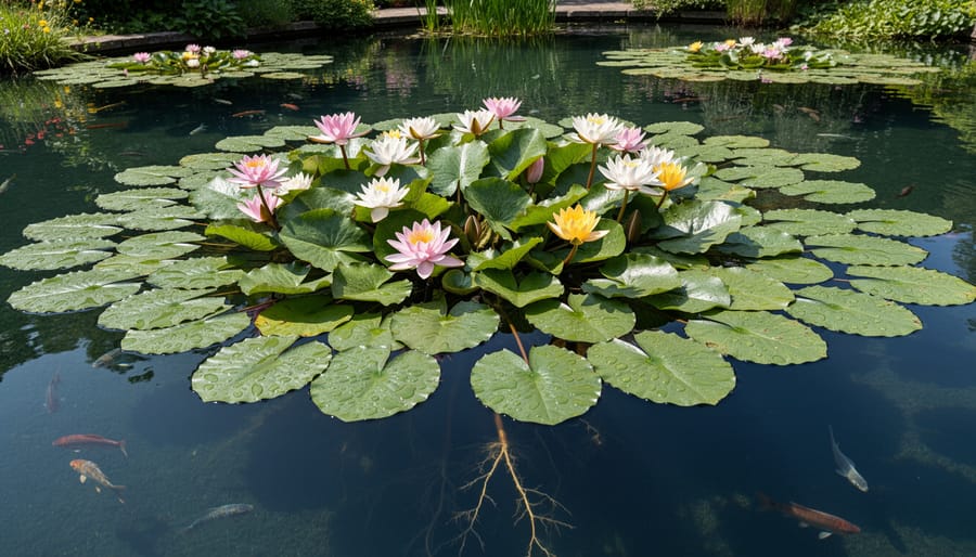 Close-up of pink water lily flower with lily pads on pond surface