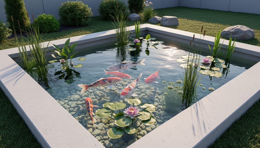 Thriving backyard pond with clear water, healthy koi fish, and lush plants built with eco-friendly concrete