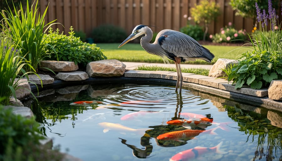 Great blue heron standing at edge of garden pond with koi fish swimming in clear water