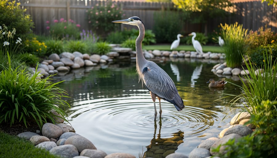Blue heron standing at the edge of a natural pond surrounded by water plants