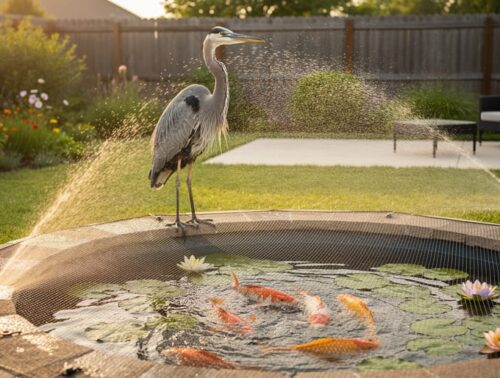 Great blue heron at the edge of a backyard koi pond with elevated clear netting and a motion-activated sprinkler spraying, lily pads on the surface, and a soft-focus suburban garden behind.