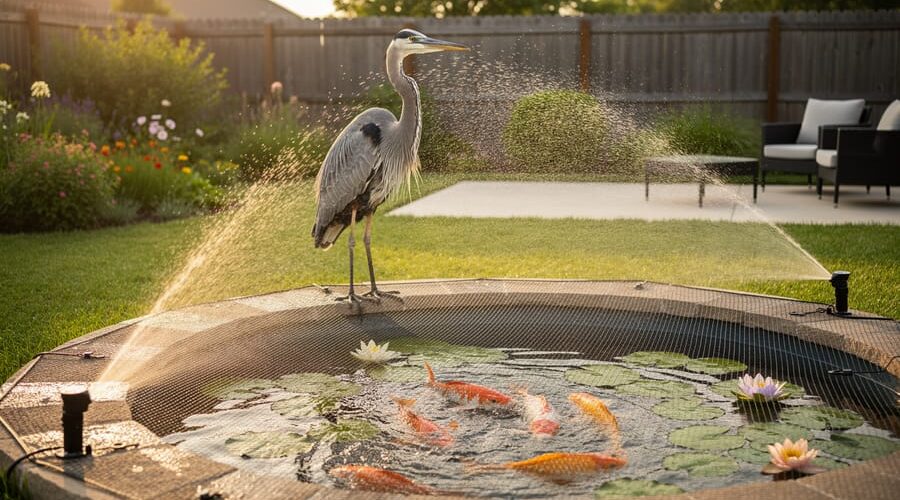 Great blue heron at the edge of a backyard koi pond with elevated clear netting and a motion-activated sprinkler spraying, lily pads on the surface, and a soft-focus suburban garden behind.