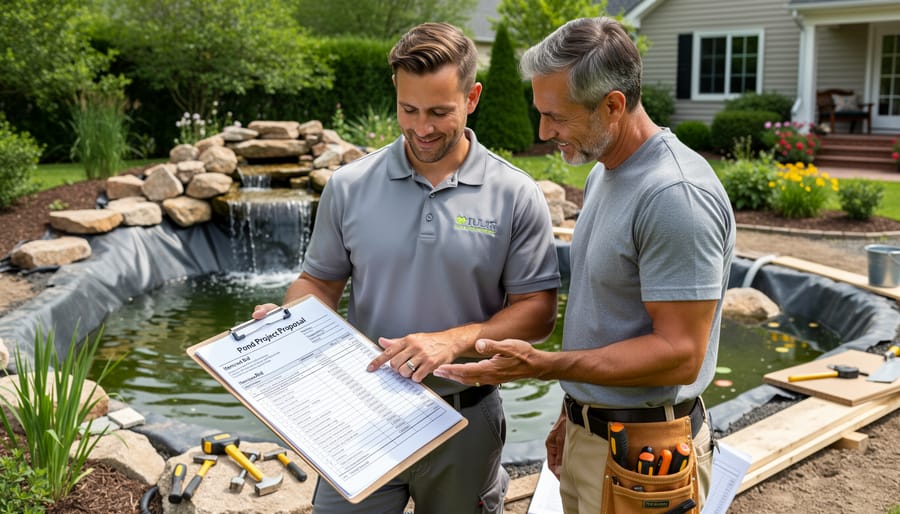 Homeowner and contractor reviewing project plans beside backyard pond construction site