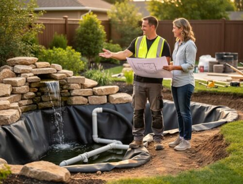 Homeowner and pond contractor review an unlabeled plan next to a partially built koi pond with liner and rocks in a sunny backyard, with tools and a wheelbarrow blurred in the background.