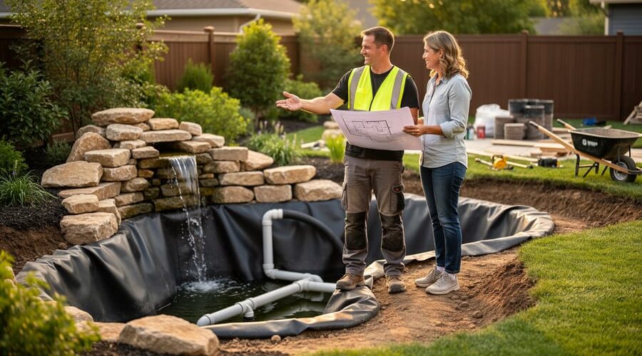 Homeowner and pond contractor review an unlabeled plan next to a partially built koi pond with liner and rocks in a sunny backyard, with tools and a wheelbarrow blurred in the background.