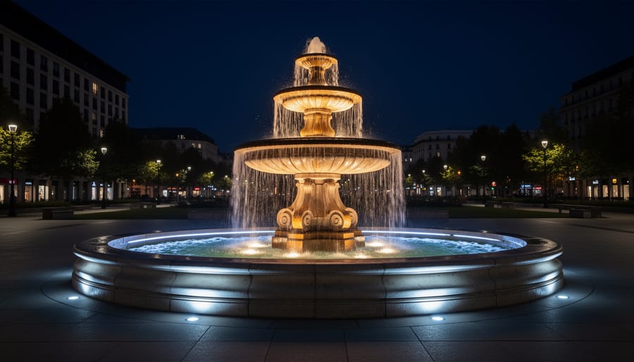 Modern geometric fountain illuminated by LED lights at dusk with flowing water highlighted