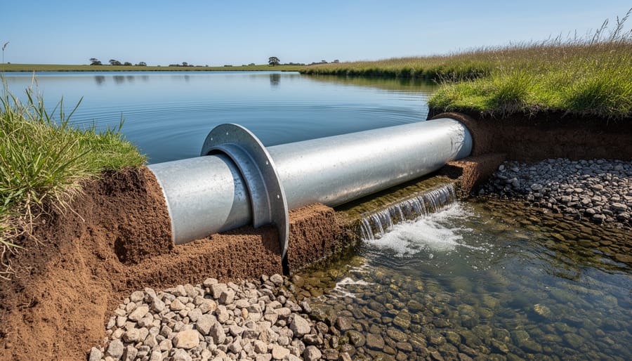 PVC pipe spillway with anti-seep collar installed through pond embankment