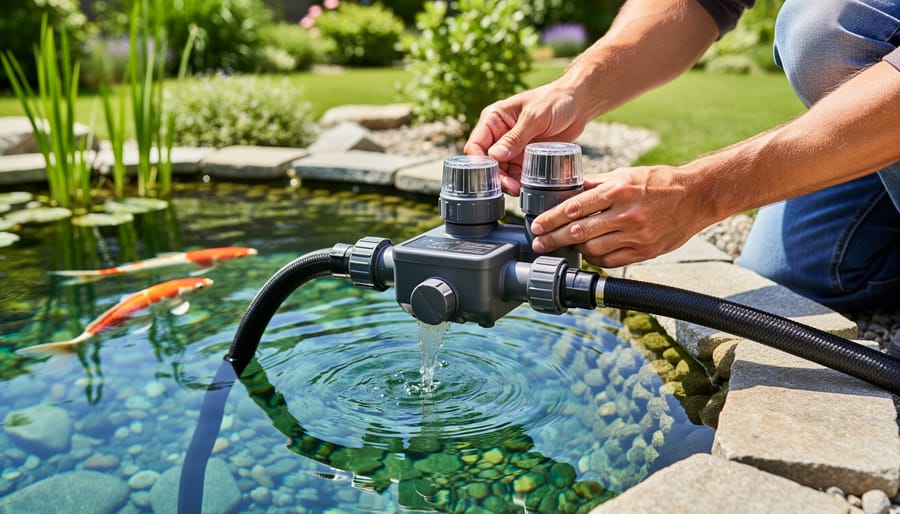 Hands installing control valve on pond pump equipment for interactive features
