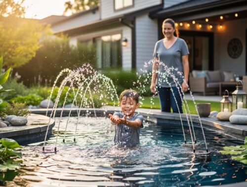 Child reaching toward motion-activated fountain jets in a backyard water garden at golden hour, with droplets frozen midair and a parent nearby, plants and string lights softly blurred behind.