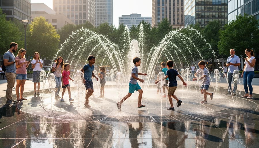 Child interacting with motion-activated fountain jets in backyard water garden at sunset