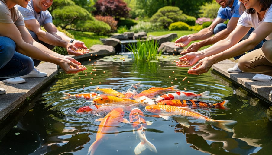 Person feeding koi fish by hand with multiple colorful fish gathering at water surface