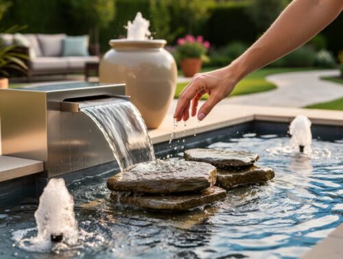 Backyard pond at golden hour with stainless steel spillway and bubbling urn; an adult hand redirects a low fountain jet over smooth stream rocks, with a blurred seating area and garden pathway behind.