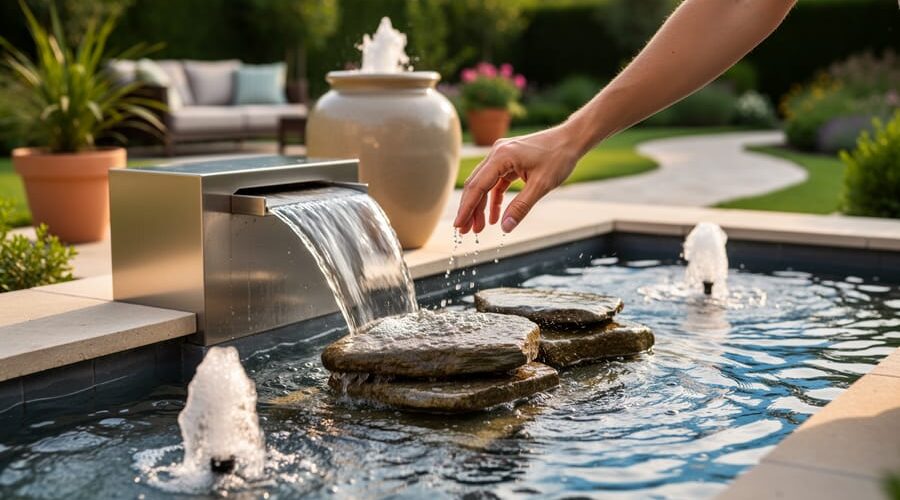 Backyard pond at golden hour with stainless steel spillway and bubbling urn; an adult hand redirects a low fountain jet over smooth stream rocks, with a blurred seating area and garden pathway behind.