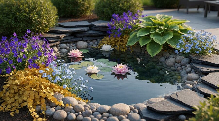 Backyard pond photographed from a slightly elevated angle at golden hour, featuring irregular clusters of golden creeping Jenny and purple lobelia, delicate water forget-me-nots beside bold hostas, scattered water lilies, and layered river rocks with contrasting smooth pebbles and jagged slate, with a softly blurred garden background.