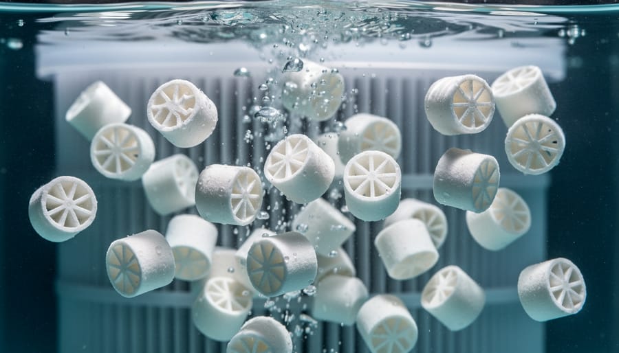 Close-up of K1 bio-media showing cylindrical shape and internal cross structure