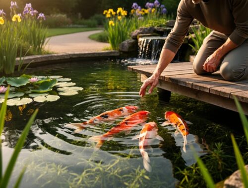 Person kneeling on a wooden platform at the edge of a koi pond, reaching toward the water as orange and white koi swim beneath rippling reflections, surrounded by lotus leaves, irises, and a small waterfall in warm golden-hour light