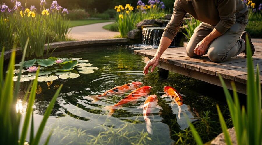 Person kneeling on a wooden platform at the edge of a koi pond, reaching toward the water as orange and white koi swim beneath rippling reflections, surrounded by lotus leaves, irises, and a small waterfall in warm golden-hour light