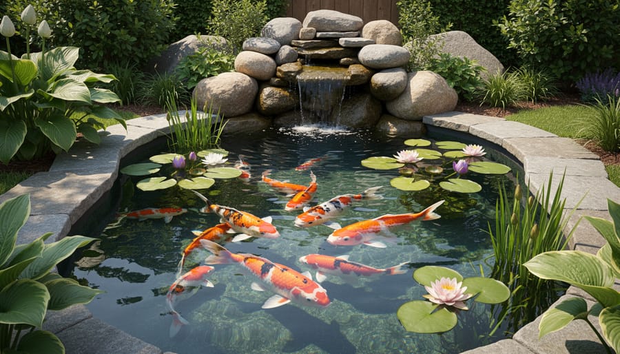 Overhead view of decorative koi pond with colorful fish swimming among water plants and rocks