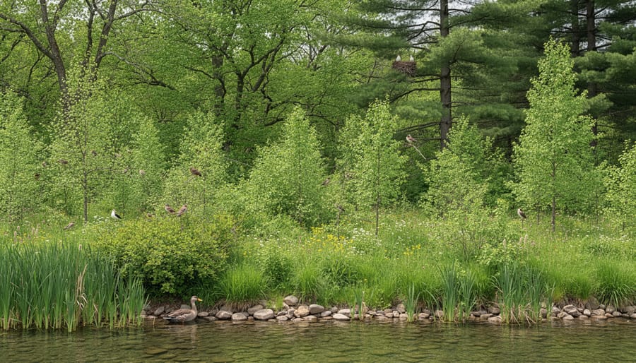 Layered pond landscaping with marginal plants, shrubs, and trees creating habitat zones