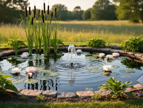 Natural backyard pond with water lilies and cattails, a small solar-powered fountain and panel on the shoreline, lit by warm evening sun, with meadow and trees softly out of focus in the background