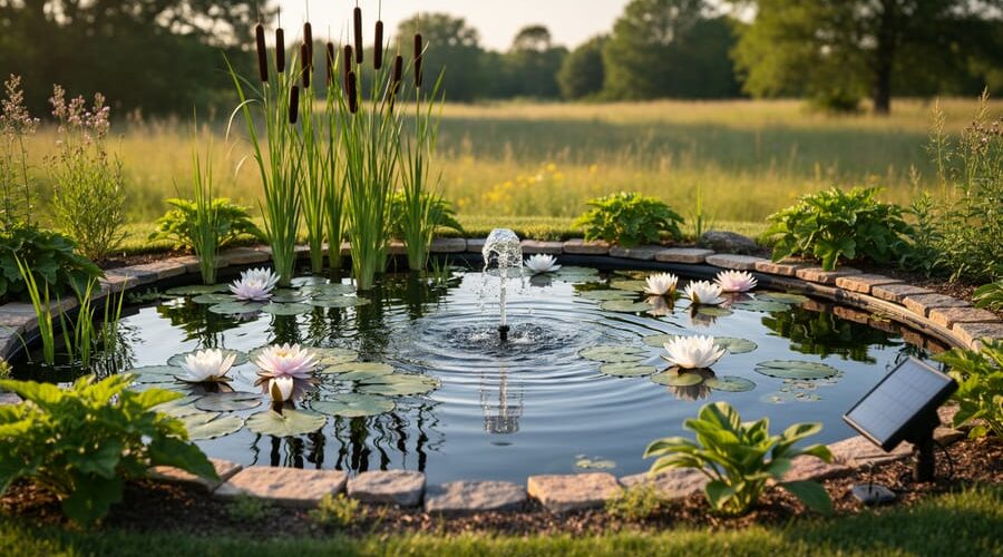 Natural backyard pond with water lilies and cattails, a small solar-powered fountain and panel on the shoreline, lit by warm evening sun, with meadow and trees softly out of focus in the background