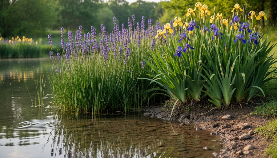Marginal pond plants including pickerel rush and iris growing at water's edge
