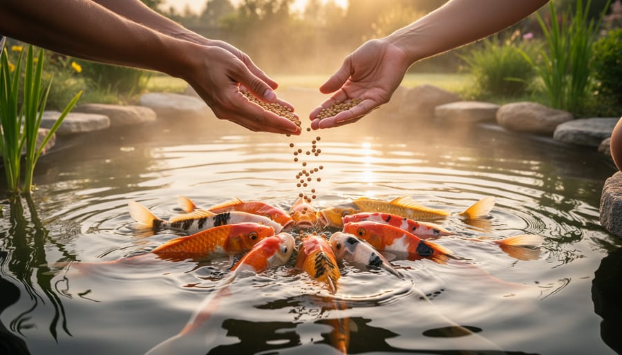 Person's hands feeding koi fish in garden pond during morning ritual