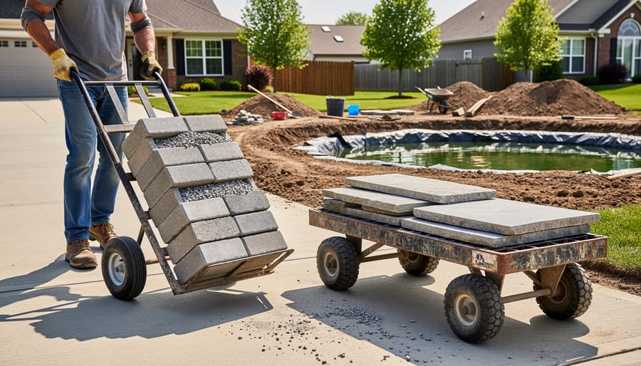 Homeowner using hand truck to transport large boulder across lawn to pond site