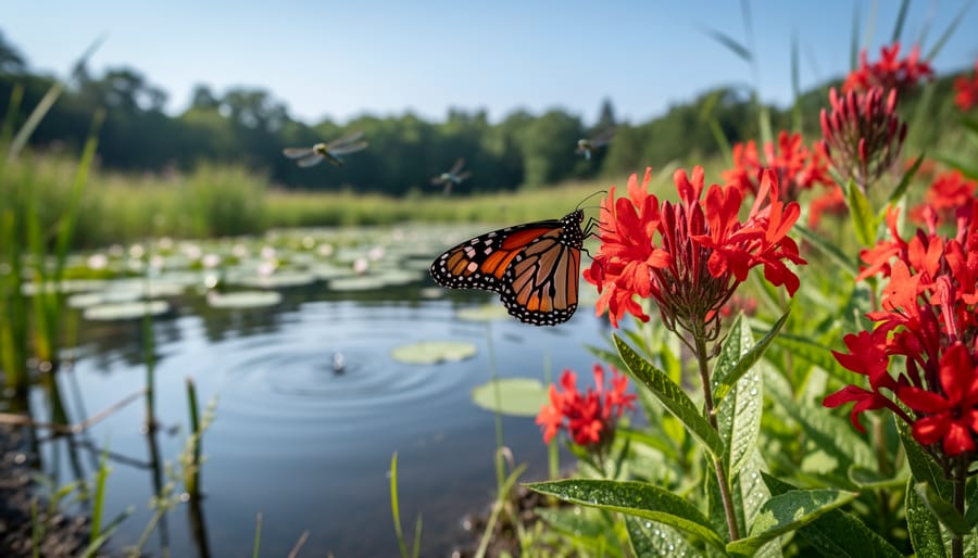 Monarch butterfly on red cardinal flower with pond plants in background