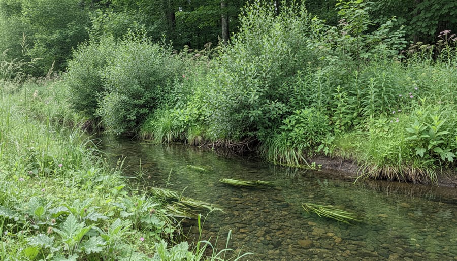 Diverse native aquatic plants growing in layered arrangement showing submerged, floating and marginal species
