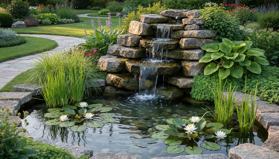 Close-up of natural stone fountain with flowing water surrounded by water iris and aquatic plants