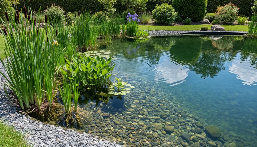 Close-up of natural bog garden with aquatic plants filtering pond water