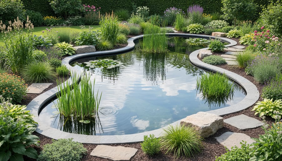 Aerial view of irregular free-form pond with natural edges and clustered aquatic plants