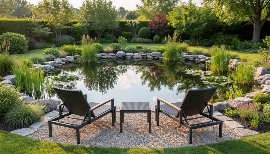 Weather-resistant outdoor furniture arranged near pond with waterfall and aquatic plants