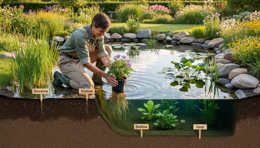 Gardener's hands planting native aquatic plant in container at pond edge