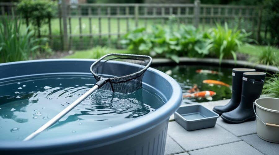 Close-up of a plastic quarantine tub with aeration bubbles and a koi net beside a backyard koi pond, with blurred wildlife fencing, rubber boots near a boot bath, and a neutral rinse bucket in the background, illustrating pond biosecurity.