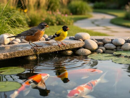 American robin and goldfinch perched on wet rocks at a backyard pond, drinking and splashing while koi swim under lily pads; native plants and a stone path softly blurred in warm golden hour light.