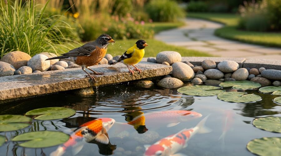 American robin and goldfinch perched on wet rocks at a backyard pond, drinking and splashing while koi swim under lily pads; native plants and a stone path softly blurred in warm golden hour light.