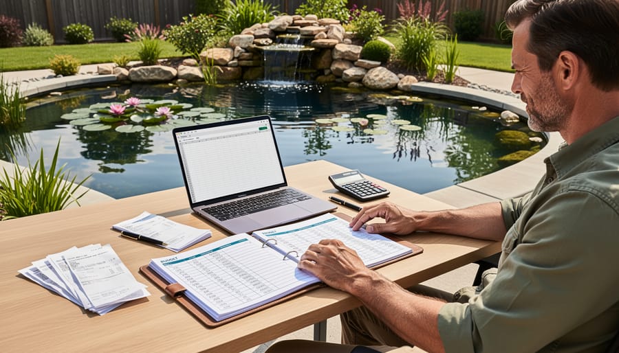 Person planning pond maintenance budget with calculator and notebook at outdoor table overlooking garden pond