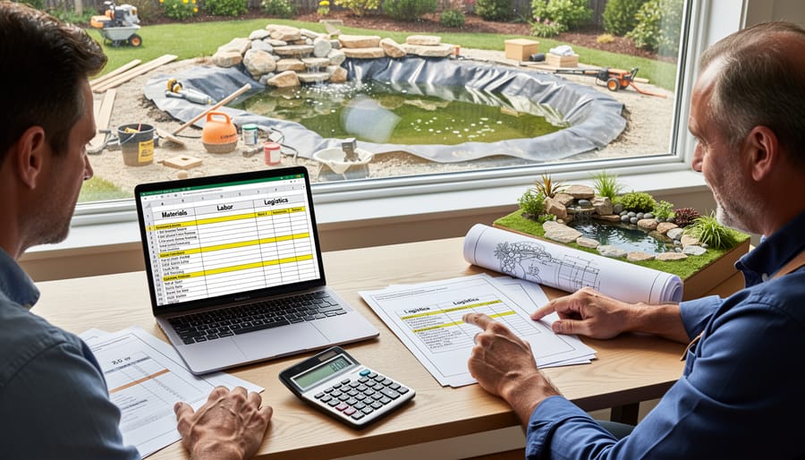 Person planning pond project budget with calculator, worksheet, and supply catalogs on desk
