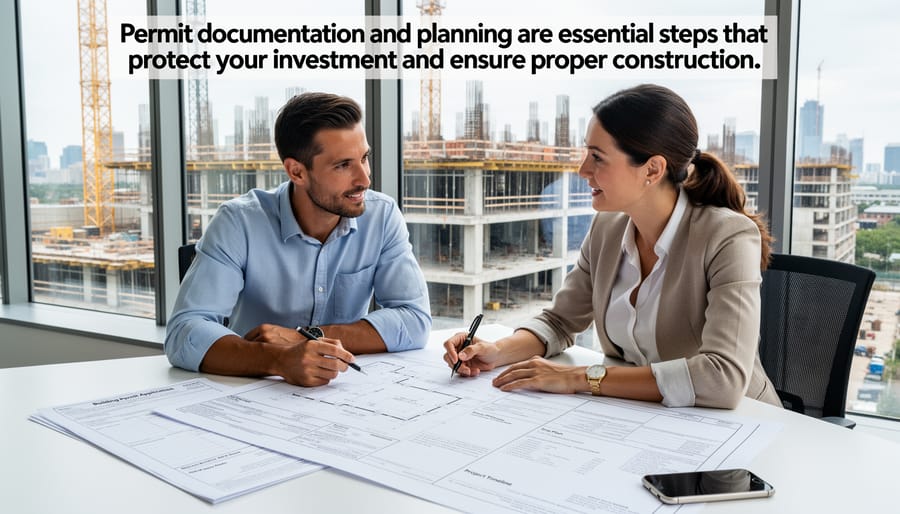 Building permit documents on table with coffee and measuring tools