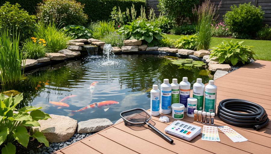 Shelf displaying common pond maintenance supplies including fish food, bacteria, and water treatments