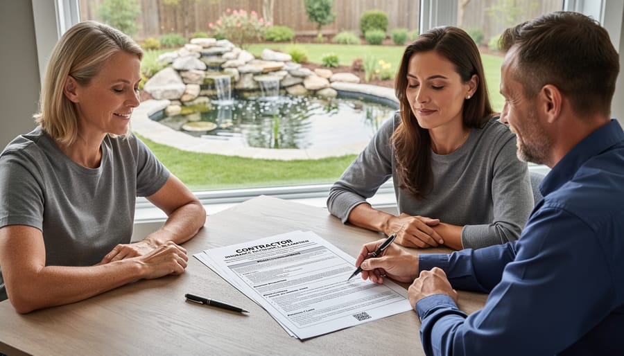 Homeowner and contractor shaking hands over signed agreement with pond construction plans