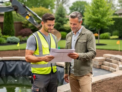 Pond contractor in a safety vest showing insurance paperwork on a clipboard to a homeowner at a backyard pond construction site, with an excavator arm, pond liner, stacked stones, and utility flags softly blurred in the background.