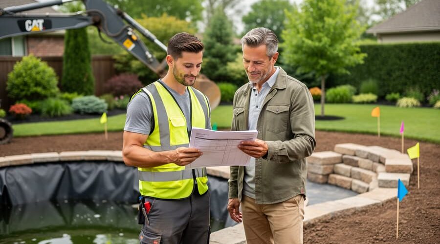 Pond contractor in a safety vest showing insurance paperwork on a clipboard to a homeowner at a backyard pond construction site, with an excavator arm, pond liner, stacked stones, and utility flags softly blurred in the background.