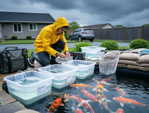 Backyard koi pond with emergency evacuation gear—aerated transport tubs, battery air pump, nets, waterproof go-bag, and sandbags—while a person in a yellow rain jacket checks equipment; koi near the surface and storm clouds blurred in the background.