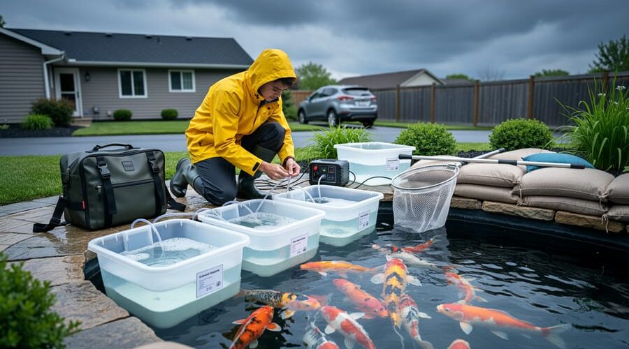 Backyard koi pond with emergency evacuation gear—aerated transport tubs, battery air pump, nets, waterproof go-bag, and sandbags—while a person in a yellow rain jacket checks equipment; koi near the surface and storm clouds blurred in the background.