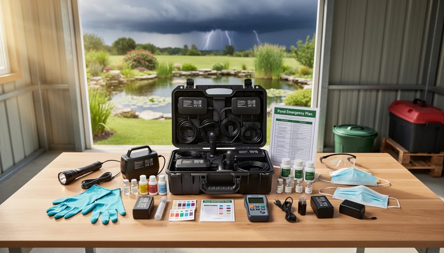 Organized emergency pond supplies including aerator, testing kit, and protective equipment on wooden deck
